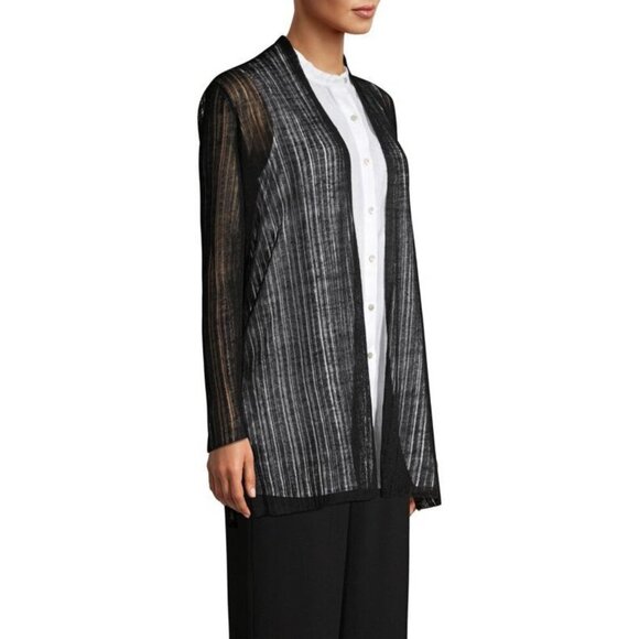 Eileen Fisher Cardigan Organic Italian Linen Blend Open Knit Duster Black L - Picture 2 of 14